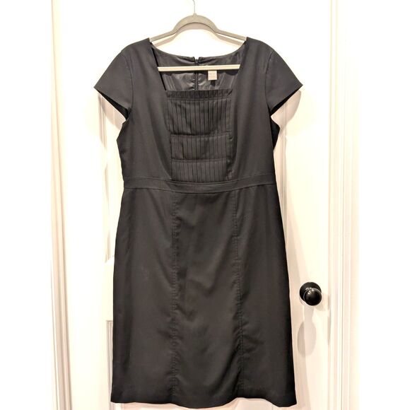 Ann Taylor Sheath Dress Navy Blue Pintuck Square Neck Cap Sleeve Size 16 - Picture 1 of 6
